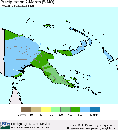 Papua New Guinea Precipitation 2-Month (WMO) Thematic Map For 11/21/2021 - 1/20/2022
