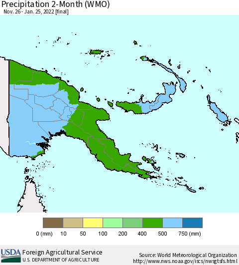 Papua New Guinea Precipitation 2-Month (WMO) Thematic Map For 11/26/2021 - 1/25/2022