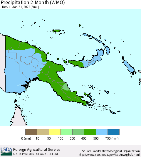 Papua New Guinea Precipitation 2-Month (WMO) Thematic Map For 12/1/2021 - 1/31/2022