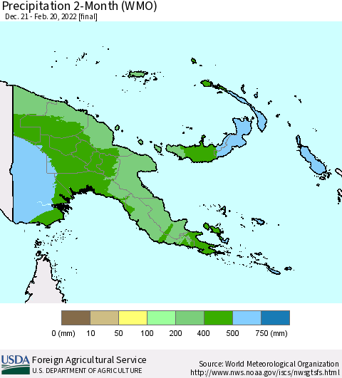 Papua New Guinea Precipitation 2-Month (WMO) Thematic Map For 12/21/2021 - 2/20/2022