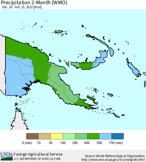 Papua New Guinea Precipitation 2-Month (WMO) Thematic Map For 12/26/2021 - 2/25/2022
