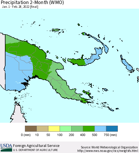 Papua New Guinea Precipitation 2-Month (WMO) Thematic Map For 1/1/2022 - 2/28/2022