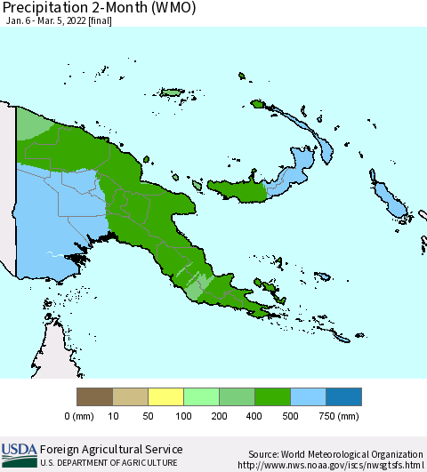 Papua New Guinea Precipitation 2-Month (WMO) Thematic Map For 1/6/2022 - 3/5/2022