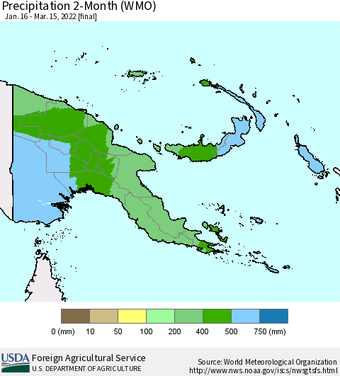 Papua New Guinea Precipitation 2-Month (WMO) Thematic Map For 1/16/2022 - 3/15/2022