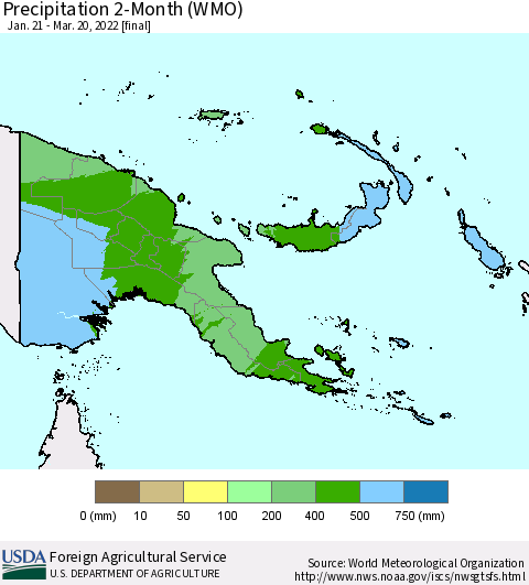 Papua New Guinea Precipitation 2-Month (WMO) Thematic Map For 1/21/2022 - 3/20/2022