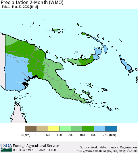 Papua New Guinea Precipitation 2-Month (WMO) Thematic Map For 2/1/2022 - 3/31/2022