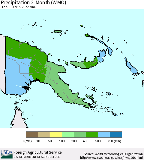 Papua New Guinea Precipitation 2-Month (WMO) Thematic Map For 2/6/2022 - 4/5/2022