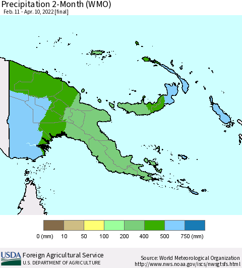 Papua New Guinea Precipitation 2-Month (WMO) Thematic Map For 2/11/2022 - 4/10/2022