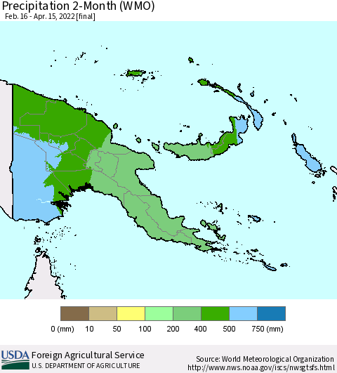 Papua New Guinea Precipitation 2-Month (WMO) Thematic Map For 2/16/2022 - 4/15/2022