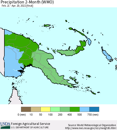 Papua New Guinea Precipitation 2-Month (WMO) Thematic Map For 2/21/2022 - 4/20/2022