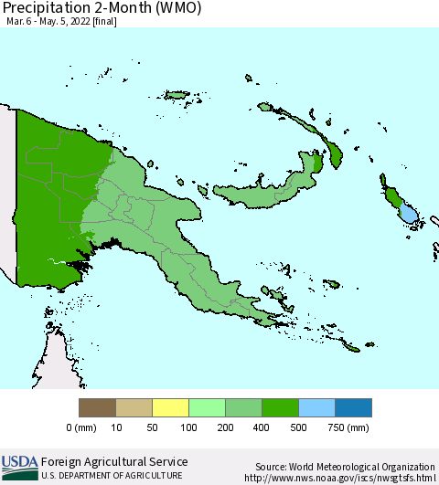 Papua New Guinea Precipitation 2-Month (WMO) Thematic Map For 3/6/2022 - 5/5/2022