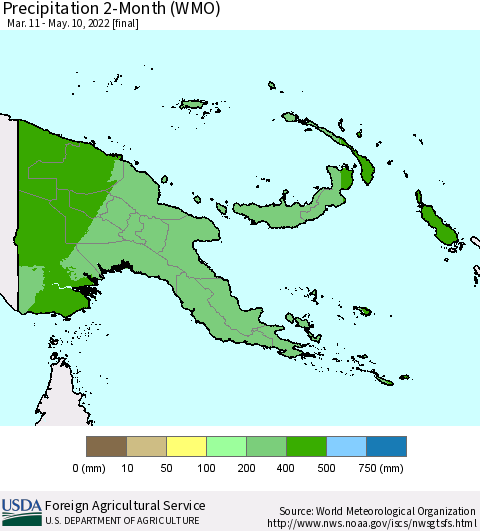 Papua New Guinea Precipitation 2-Month (WMO) Thematic Map For 3/11/2022 - 5/10/2022