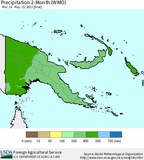 Papua New Guinea Precipitation 2-Month (WMO) Thematic Map For 3/16/2022 - 5/15/2022