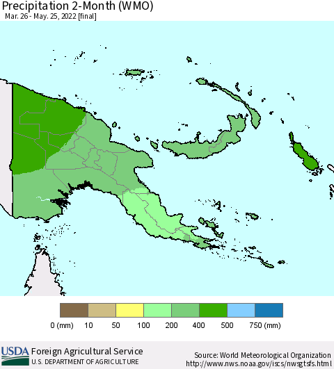 Papua New Guinea Precipitation 2-Month (WMO) Thematic Map For 3/26/2022 - 5/25/2022