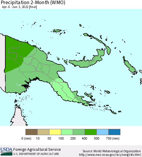 Papua New Guinea Precipitation 2-Month (WMO) Thematic Map For 4/6/2022 - 6/5/2022