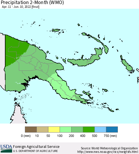 Papua New Guinea Precipitation 2-Month (WMO) Thematic Map For 4/11/2022 - 6/10/2022
