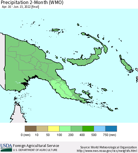 Papua New Guinea Precipitation 2-Month (WMO) Thematic Map For 4/16/2022 - 6/15/2022