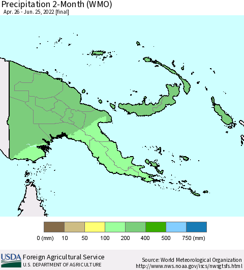 Papua New Guinea Precipitation 2-Month (WMO) Thematic Map For 4/26/2022 - 6/25/2022