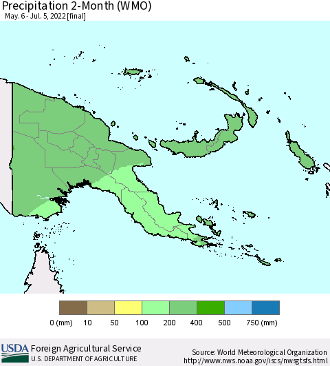 Papua New Guinea Precipitation 2-Month (WMO) Thematic Map For 5/6/2022 - 7/5/2022