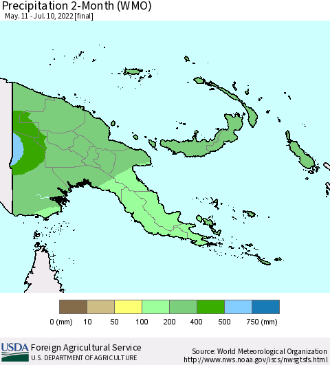 Papua New Guinea Precipitation 2-Month (WMO) Thematic Map For 5/11/2022 - 7/10/2022