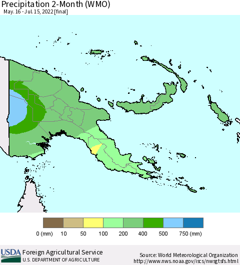 Papua New Guinea Precipitation 2-Month (WMO) Thematic Map For 5/16/2022 - 7/15/2022