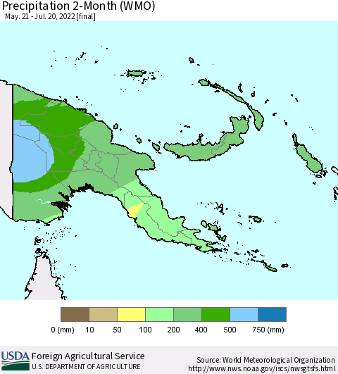 Papua New Guinea Precipitation 2-Month (WMO) Thematic Map For 5/21/2022 - 7/20/2022