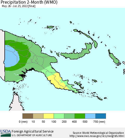 Papua New Guinea Precipitation 2-Month (WMO) Thematic Map For 5/26/2022 - 7/25/2022