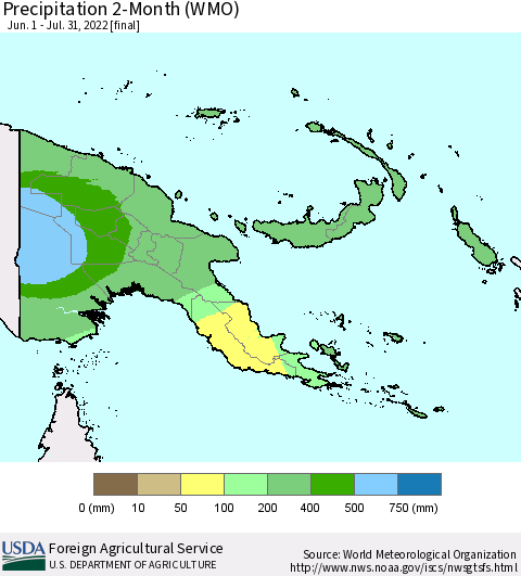 Papua New Guinea Precipitation 2-Month (WMO) Thematic Map For 6/1/2022 - 7/31/2022