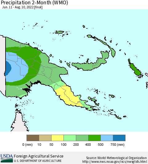 Papua New Guinea Precipitation 2-Month (WMO) Thematic Map For 6/11/2022 - 8/10/2022