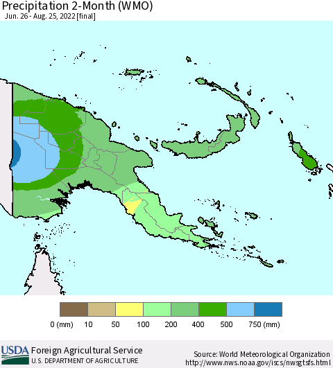 Papua New Guinea Precipitation 2-Month (WMO) Thematic Map For 6/26/2022 - 8/25/2022