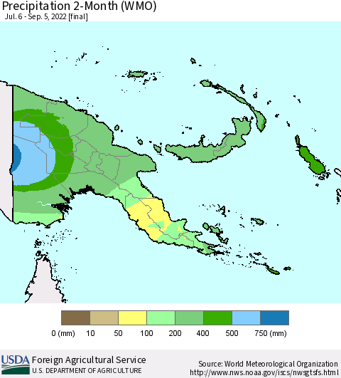 Papua New Guinea Precipitation 2-Month (WMO) Thematic Map For 7/6/2022 - 9/5/2022