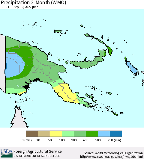 Papua New Guinea Precipitation 2-Month (WMO) Thematic Map For 7/11/2022 - 9/10/2022