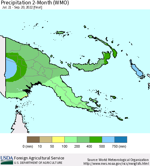 Papua New Guinea Precipitation 2-Month (WMO) Thematic Map For 7/21/2022 - 9/20/2022