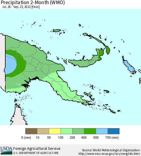 Papua New Guinea Precipitation 2-Month (WMO) Thematic Map For 7/26/2022 - 9/25/2022