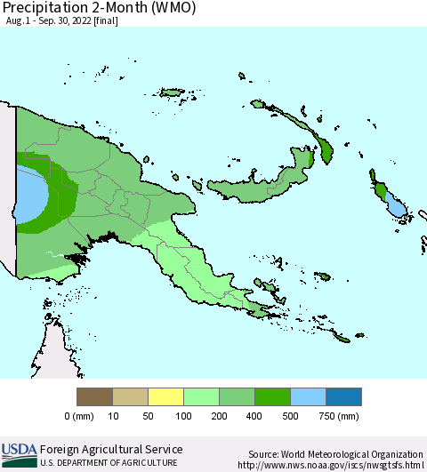 Papua New Guinea Precipitation 2-Month (WMO) Thematic Map For 8/1/2022 - 9/30/2022