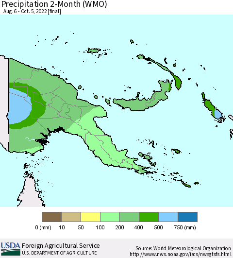 Papua New Guinea Precipitation 2-Month (WMO) Thematic Map For 8/6/2022 - 10/5/2022