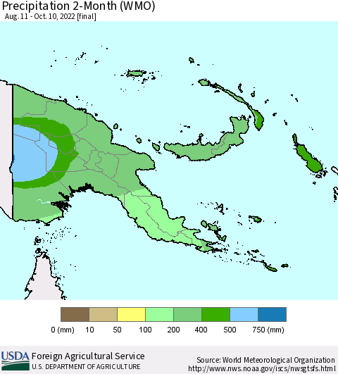 Papua New Guinea Precipitation 2-Month (WMO) Thematic Map For 8/11/2022 - 10/10/2022