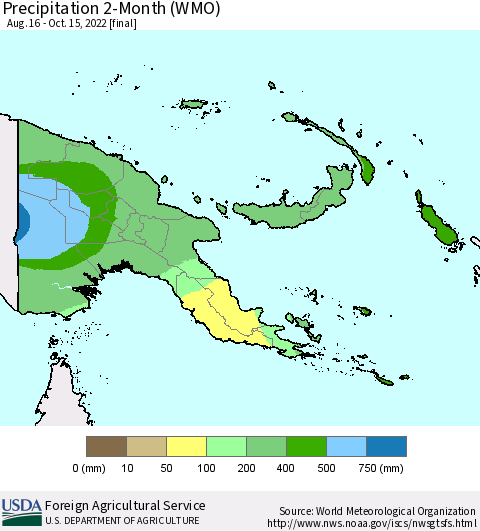 Papua New Guinea Precipitation 2-Month (WMO) Thematic Map For 8/16/2022 - 10/15/2022