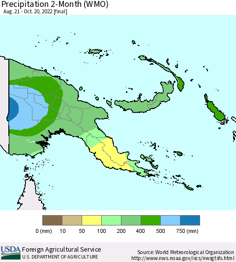 Papua New Guinea Precipitation 2-Month (WMO) Thematic Map For 8/21/2022 - 10/20/2022