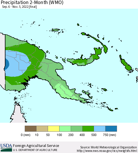 Papua New Guinea Precipitation 2-Month (WMO) Thematic Map For 9/6/2022 - 11/5/2022