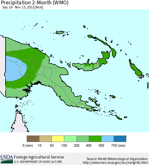 Papua New Guinea Precipitation 2-Month (WMO) Thematic Map For 9/16/2022 - 11/15/2022