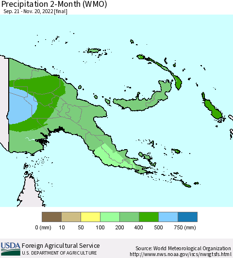Papua New Guinea Precipitation 2-Month (WMO) Thematic Map For 9/21/2022 - 11/20/2022