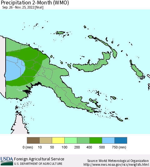 Papua New Guinea Precipitation 2-Month (WMO) Thematic Map For 9/26/2022 - 11/25/2022