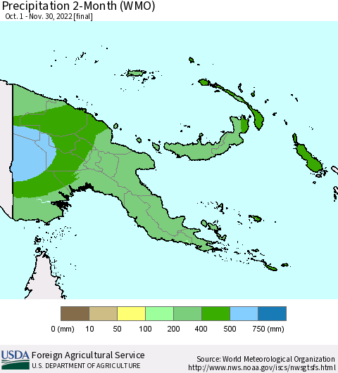Papua New Guinea Precipitation 2-Month (WMO) Thematic Map For 10/1/2022 - 11/30/2022