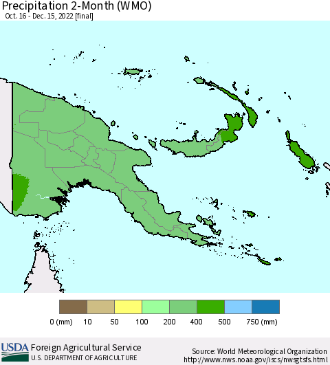 Papua New Guinea Precipitation 2-Month (WMO) Thematic Map For 10/16/2022 - 12/15/2022
