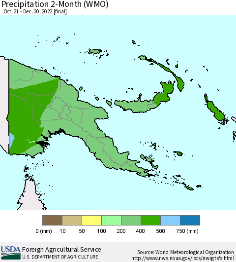 Papua New Guinea Precipitation 2-Month (WMO) Thematic Map For 10/21/2022 - 12/20/2022