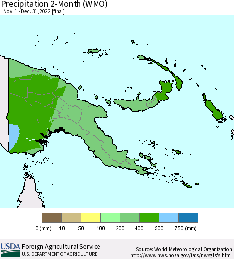 Papua New Guinea Precipitation 2-Month (WMO) Thematic Map For 11/1/2022 - 12/31/2022