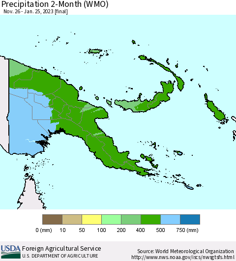 Papua New Guinea Precipitation 2-Month (WMO) Thematic Map For 11/26/2022 - 1/25/2023