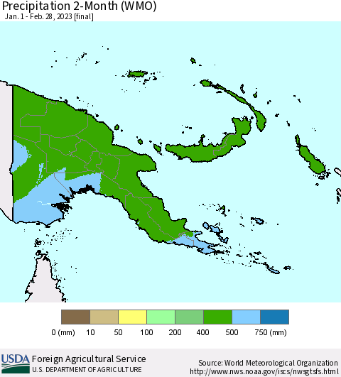 Papua New Guinea Precipitation 2-Month (WMO) Thematic Map For 1/1/2023 - 2/28/2023