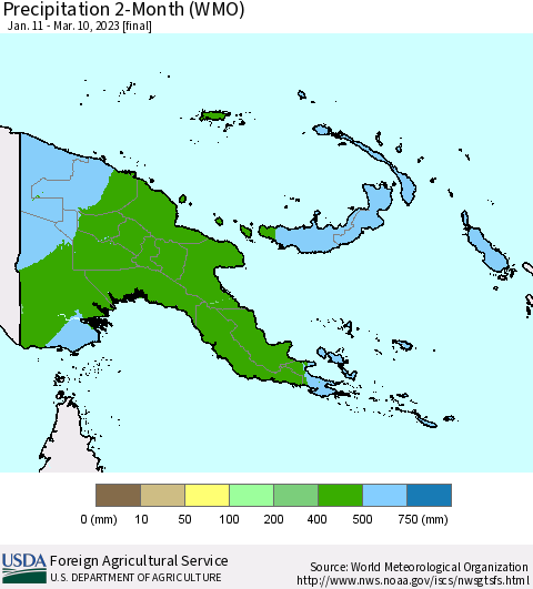 Papua New Guinea Precipitation 2-Month (WMO) Thematic Map For 1/11/2023 - 3/10/2023